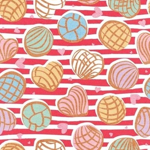 Small scale // Mexican pan dulce // pink stripes background multicolored conchas