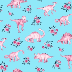 Pink Dinos on Pale Aqua Blue with Roses