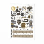 Vintage wedding 2024 calendar tea towel or wall hanging // black and white mustard yellow and mushroom brown vintage antique objects 
