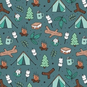 Winter wonderland camping trip outside adventures with campfire marshmallows and hot chocolate pine tree forest and wood logs minty blue aqua on slate gray