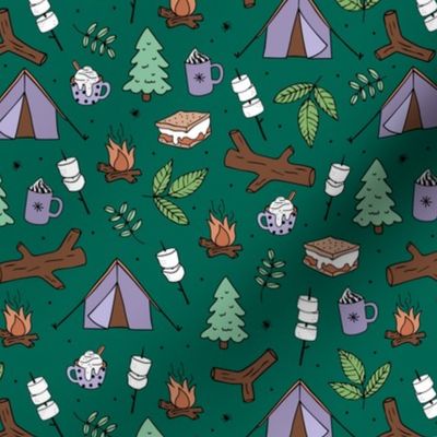 Winter wonderland camping trip outside adventures with campfire marshmallows and hot chocolate pine tree forest and wood logs mint lilac purple on green 