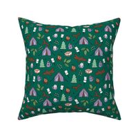 Winter wonderland camping trip outside adventures with campfire marshmallows and hot chocolate pine tree forest and wood logs mint lilac purple on green 