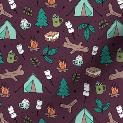 Winter wonderland camping trip outside adventures with campfire marshmallows and hot chocolate pine tree forest and wood logs mint blue orange on burgundy