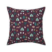 Winter wonderland camping trip outside adventures with campfire marshmallows and hot chocolate pine tree forest and wood logs mint blue orange on burgundy