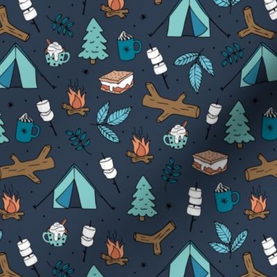 Winter wonderland camping trip outside adventures with campfire marshmallows and hot chocolate pine tree forest and wood logs blue orange on navy night