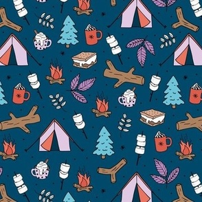 Winter wonderland camping trip outside adventures with campfire marshmallows and hot chocolate pine tree forest and wood logs red lilac blue purple on navy 