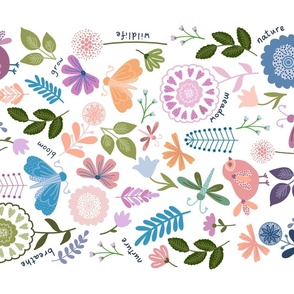 Bloom tea towel, folksy, flowers, dragonflies, leaves, botanical, cute, pretty - makes  x4  teatowels per yard 27x18”