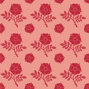 Vintage damask style English roses and rose medallions in blood red on blush pink