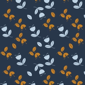 Block Print Stamped Light Blue and Bronze Flowers on Navy Blue