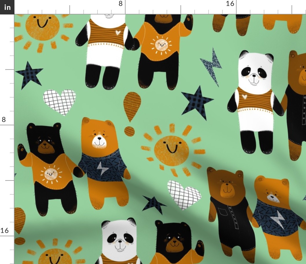 Cozy Fun Bears on Green - Large