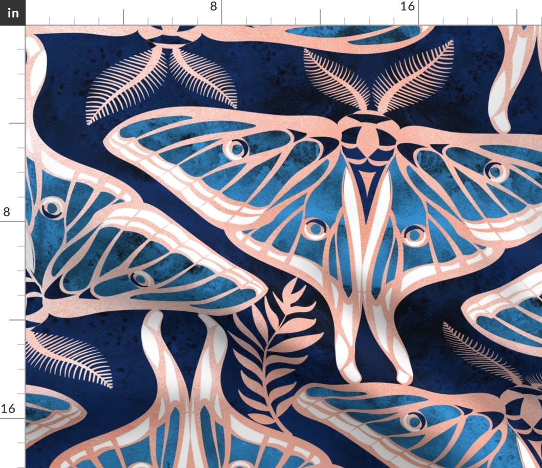Large jumbo scale // Art Deco luna moths // metal rose texture and blue Spanish moon moth insect