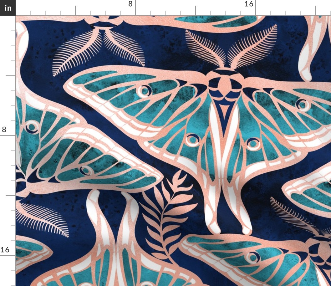 Large jumbo scale // Art Deco luna moths // metal rose texture and teal Spanish moon moth insect