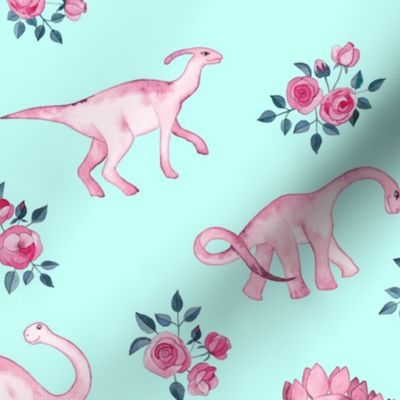 Pink Dinos on Pale Aqua Mint with Roses - custom request