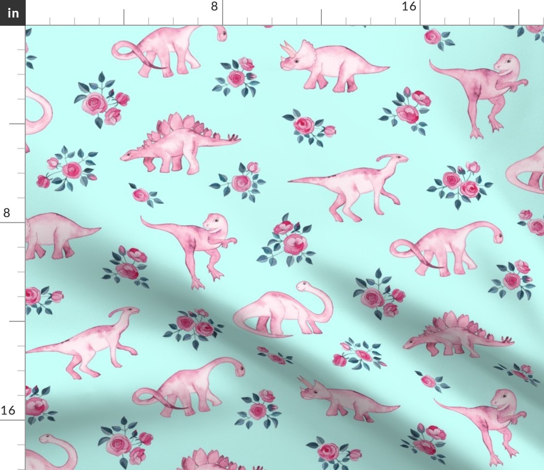 Pink Dinos on Pale Aqua Mint with Roses - custom request