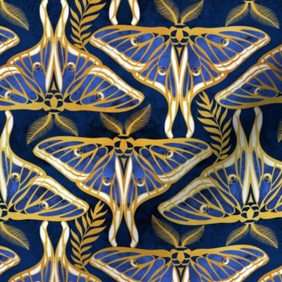 Small scale // Art Deco luna moths // gold texture and royal blue Spanish moon moth insect