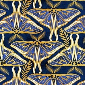 Small scale // Art Deco luna moths // gold texture and royal blue Spanish moon moth insect