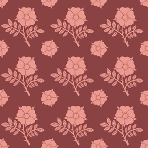 Vintage damask style English roses and rose medallions in blush red on deep burgundy marron