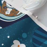 Normal scale rotated // Intergalactic doggie dreams // blue lagoon background white and bronze English Bulldogs tahiti orange bondi blue and aqua planets and space ships 