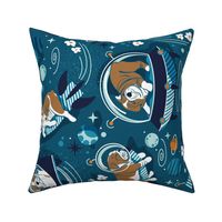 Normal scale rotated // Intergalactic doggie dreams // blue lagoon background white and bronze English Bulldogs tahiti orange bondi blue and aqua planets and space ships 