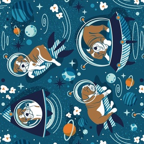 Normal scale rotated // Intergalactic doggie dreams // blue lagoon background white and bronze English Bulldogs tahiti orange bondi blue and aqua planets and space ships 