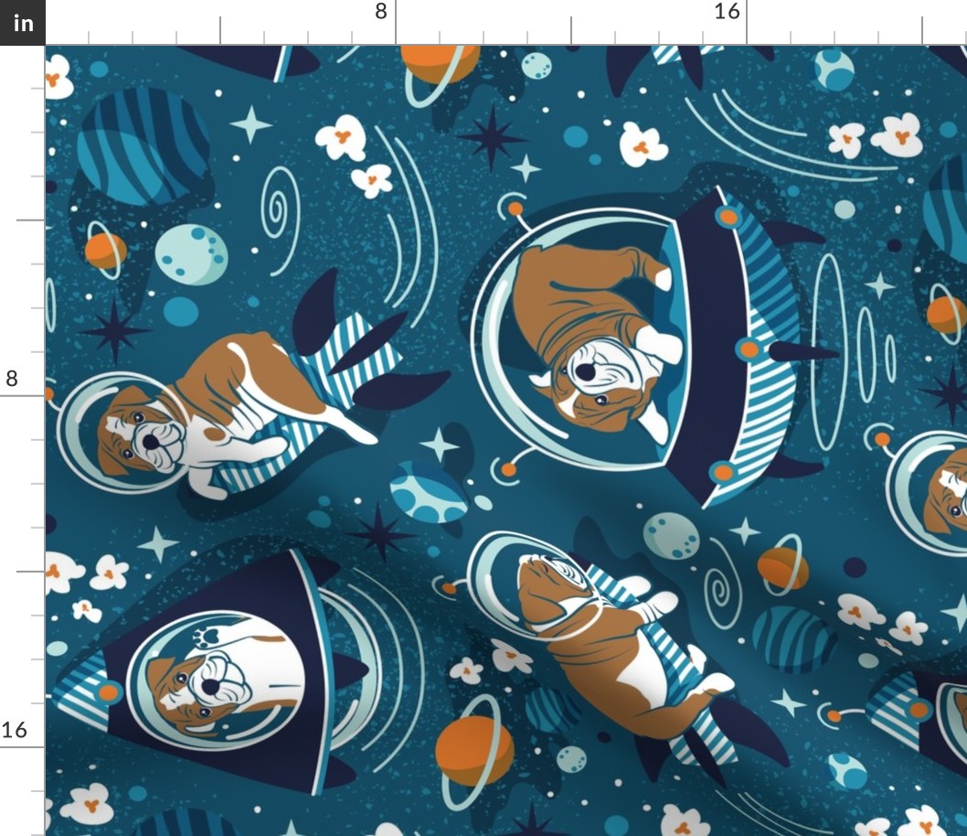 Normal scale rotated // Intergalactic doggie dreams // blue lagoon background white and bronze English Bulldogs tahiti orange bondi blue and aqua planets and space ships 