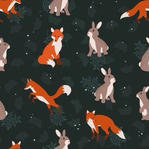 Foxes, Rabbits, Fall foliage on Dark green