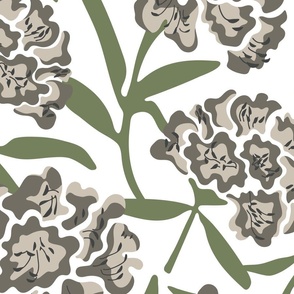 Rhododendron Floral Botanical in Warm Gray and Green -True WHITE Background - Special Request Colours - LARGE Scale - UnBlink Studio by Jackie Tahara