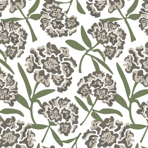 Rhododendron Floral Botanical in Warm Gray and Green - True WHITE Background - Special Request Colours - MEDIUM Scale - UnBlink Studio by Jackie Tahara