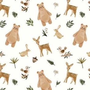 ditsy woodland animals with brown bear, beige rabbit, ochre deer and neutral birds - small