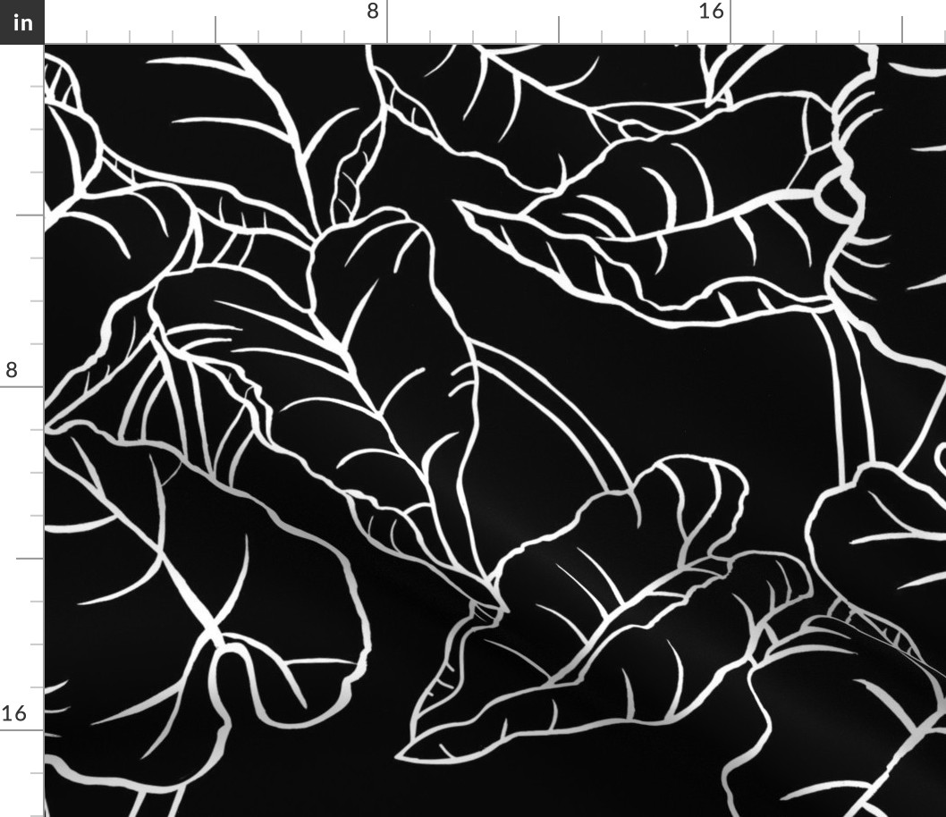 large-Tropical Jungle leaves-white on black 