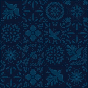 Deep Blue  Talavera Tiles with Flowers and Birds by Akbaly