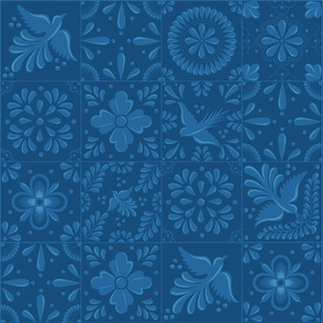 Turkish Blue Talavera Tiles with Flowers and Birds by Akbaly