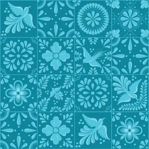 Vibrant Blue Talavera Tiles with Flowers and Birds by Akbaly