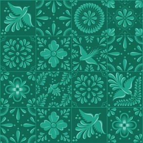 Vibrant Turquoise Talavera Tiles with Flowers and Birds by Akbaly