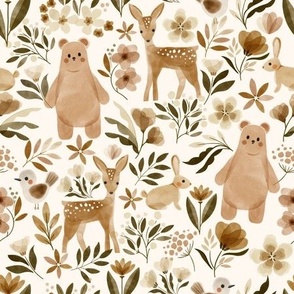 neutral woodland animals with brown bears, deers, rabbits and birds - medium