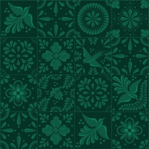 Emerald Green Talavera Tiles with Flowers and Birds by Akbaly