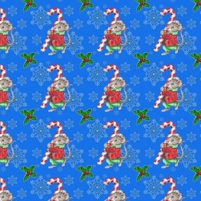 Mouse and candy cane on blue snowflakes