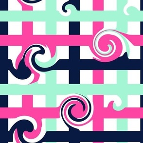 Spring collection Plaid and swirls, Midnight blue, Hot pink and mint