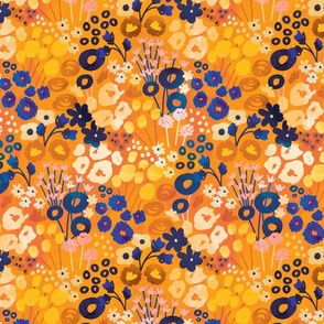 Modern Retro Wildflowers Yellow, Orange and Blue - Medium Scale