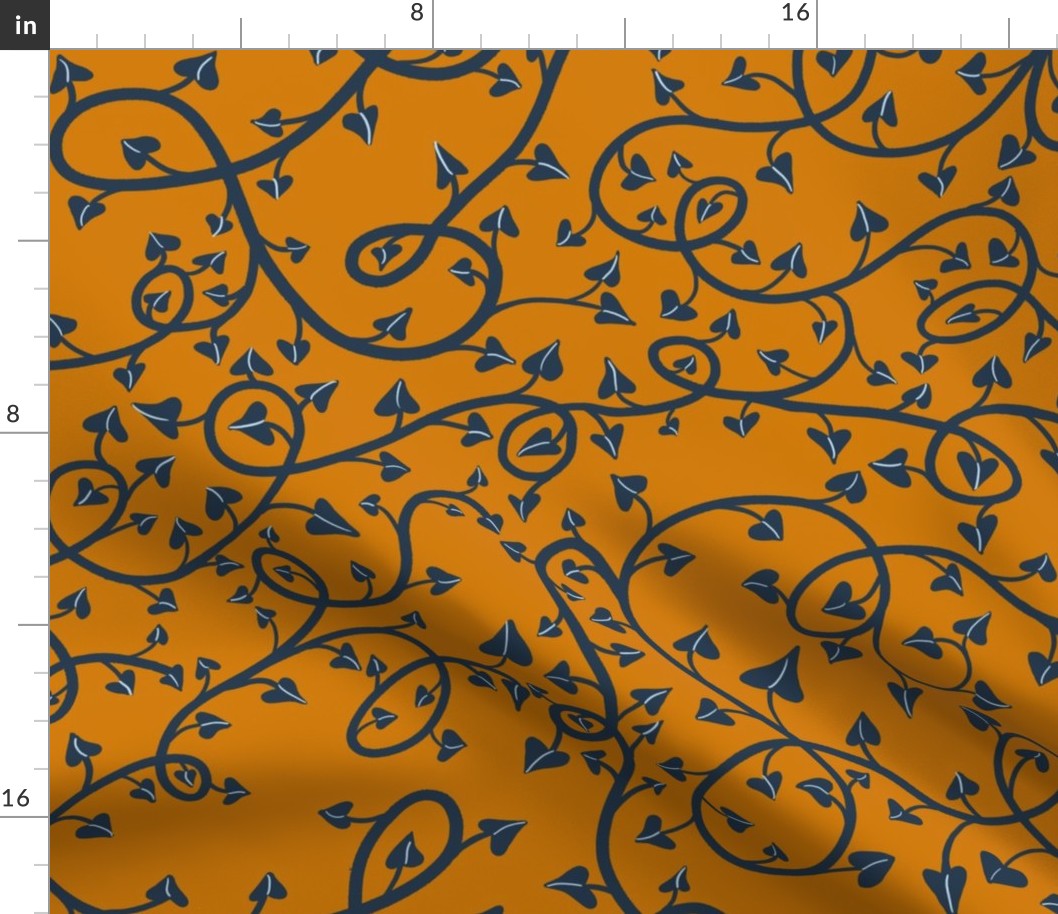 Blue Vines on Orange Background Large Scale