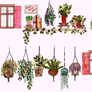 Hanging Plants, Books and Flowers