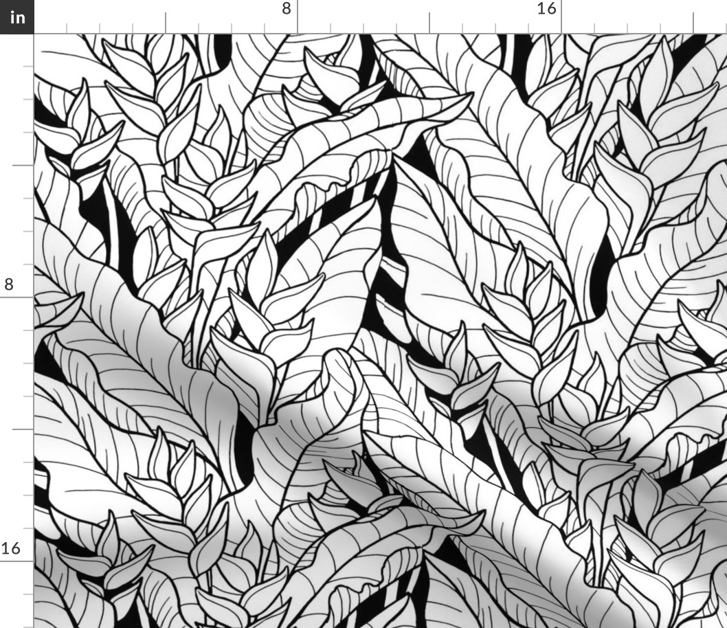 medium-Tropical Rainforest leaves with Heliconia-black and white