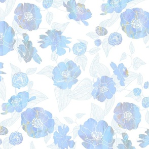 Camellias Underwater Blue on White 300L