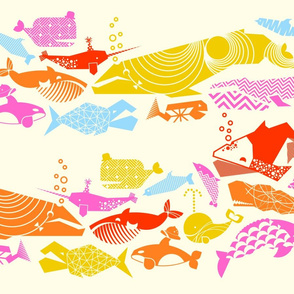 A Geometric Cetacean Parade - Pink Party on Cream