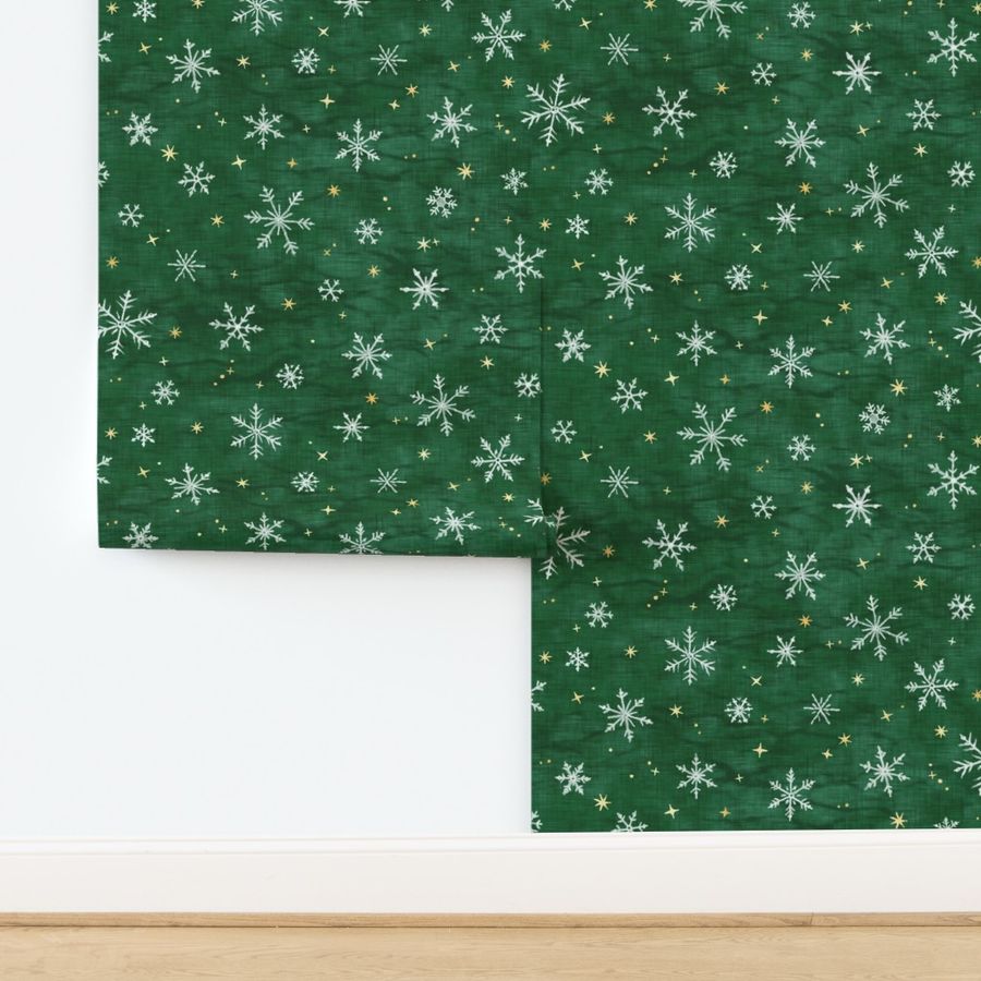 Shibori Snow and Stars on Deep Green (xl scale) | Snowflakes and gold stars on arashi shibori linen pattern, block printed stars on pine forest green, Christmas fabric, winter night sky.