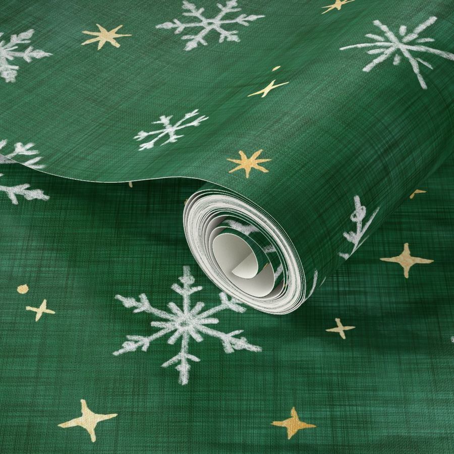 Shibori Snow and Stars on Deep Green (xl scale) | Snowflakes and gold stars on arashi shibori linen pattern, block printed stars on pine forest green, Christmas fabric, winter night sky.