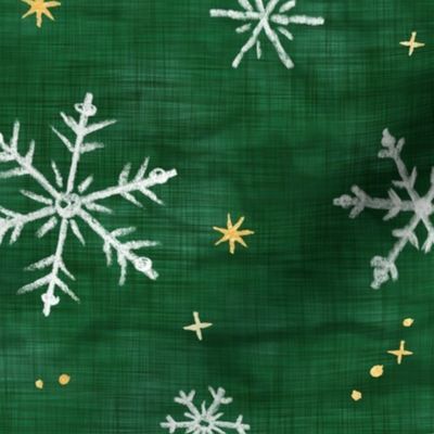 Shibori Snow and Stars on Deep Green (xl scale) | Snowflakes and gold stars on arashi shibori linen pattern, block printed stars on pine forest green, Christmas fabric, winter night sky.