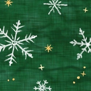 Shibori Snow and Stars on Deep Green (xl scale) | Snowflakes and gold stars on arashi shibori linen pattern, block printed stars on pine forest green, Christmas fabric, winter night sky.