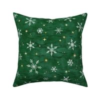 Shibori Snow and Stars on Deep Green (large scale) | Snowflakes and gold stars on arashi shibori linen pattern, block printed stars on pine forest green, Christmas fabric, winter night sky.