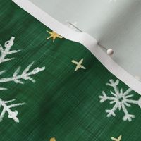 Shibori Snow and Stars on Deep Green (large scale) | Snowflakes and gold stars on arashi shibori linen pattern, block printed stars on pine forest green, Christmas fabric, winter night sky.